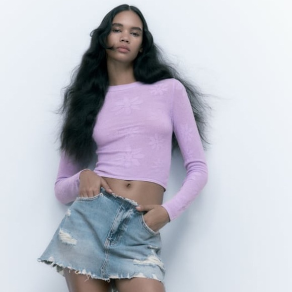 Zara pastel lilac Barbiecore Pointelle knit floral perforated top - Picture 3 of 10